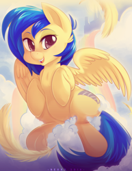 Size: 4250x5500 | Tagged: safe, artist:zombie, imported from derpibooru, oc, oc only, oc:silvia, pegasus, pony, absurd resolution, cloud, feather, looking at you, open mouth, solo, wings