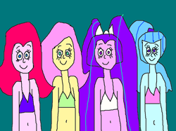 Size: 920x689 | Tagged: safe, artist:mjeddy, imported from derpibooru, aria blaze, fluttershy, pinkie pie, sonata dusk, equestria girls, 1000 hours in ms paint, belly button, bikini, clothes, midriff, ms paint, swimsuit