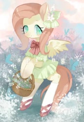 Size: 516x750 | Tagged: safe, artist:kinda-l, artist:kura, artist:puzi, imported from derpibooru, fluttershy, pegasus, pony, basket, bipedal, bowtie, clothes, dress, female, flower, flower in hair, needs more jpeg, smiling, socks, solo