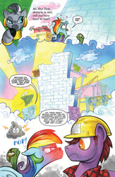 Size: 900x1384 | Tagged: safe, artist:andypriceart, idw, imported from derpibooru, plumb bob, rainbow dash, tank, zecora, pegasus, pony, tortoise, zebra, spoiler:comic, spoiler:comic41, brick, cloud brick, comic, dreary, ear piercing, earring, female, hard hat, jewelry, leg rings, male, mare, neck rings, piercing, preview, speech bubble, stallion