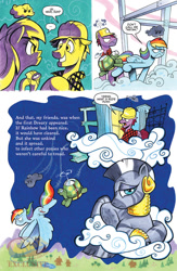 Size: 900x1384 | Tagged: safe, artist:andypriceart, idw, imported from derpibooru, plumb bob, rainbow dash, tank, zecora, pegasus, pony, tortoise, zebra, spoiler:comic, spoiler:comic41, ..., cloud, comic, dreary, female, flying, hard hat, lying on a cloud, male, mare, on a cloud, preview, speech bubble, stallion