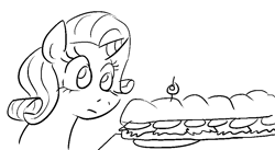 Size: 923x505 | Tagged: safe, artist:jargon scott, imported from derpibooru, rarity, black and white, female, food, grayscale, monochrome, rarity looking at food, sandwich, solo