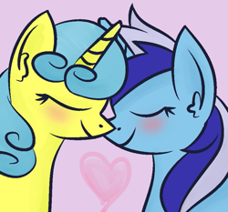 Size: 845x789 | Tagged: safe, artist:berrypunchrules, imported from derpibooru, lemon hearts, minuette, pony, unicorn, abstract background, blushing, eyes closed, female, heart, lesbian, minuhearts, nuzzling, pink background, shipping, simple background