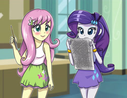 Size: 4488x3472 | Tagged: safe, artist:sumin6301, imported from derpibooru, fluttershy, rarity, equestria girls, absurd resolution, blushing, bracelet, canterlot high, clothes, duo, paper, pencil, reading, skirt, tanktop