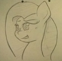 Size: 707x695 | Tagged: safe, artist:flutteriot, imported from derpibooru, fluttershy, female, monochrome, pencil, smiling, solo, traditional art