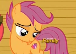 Size: 726x515 | Tagged: safe, imported from derpibooru, screencap, scootaloo, on your marks, cropped, cutie mark, cutie mark adoration, discovery family logo, stare, the cmc's cutie marks