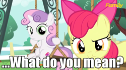 Size: 662x370 | Tagged: safe, edit, edited screencap, imported from derpibooru, screencap, apple bloom, sweetie belle, on your marks, caption, discovery family logo, image macro, reaction image, swing, text