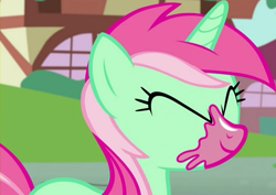 Size: 1486x1051 | Tagged: safe, imported from derpibooru, screencap, minty bubblegum, pony, unicorn, on your marks, background pony, bubblegum, cropped, eyes closed, female, food, mare, smiling, solo