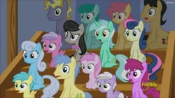 Size: 1588x888 | Tagged: safe, imported from derpibooru, screencap, berry punch, berryshine, bon bon, cherry cola, cherry fizzy, dizzy twister, goldengrape, linky, lyra heartstrings, octavia melody, orange swirl, pinkie feather, piña colada, ponet, rainy feather, shoeshine, sir colton vines iii, spring melody, sprinkle medley, sweet pop, sweetie drops, on your marks, discovery family logo, piña cutelada