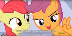 Size: 1920x960 | Tagged: safe, imported from derpibooru, screencap, apple bloom, scootaloo, on your marks, discovery family logo, meme, youtube caption