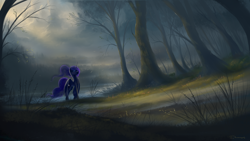 Size: 1920x1080 | Tagged: safe, artist:shamanguli, imported from derpibooru, princess luna, alicorn, pony, cloud, crepuscular rays, eyes closed, female, forest, grass, lake, mountain, scenery, scenery porn, solo, tree, water