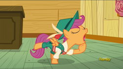 Size: 1365x767 | Tagged: safe, imported from derpibooru, screencap, scootaloo, on your marks, clothes, discovery family logo, female, lederhosen, solo, yodeling, yodeloo