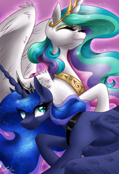 Size: 1850x2700 | Tagged: safe, artist:cloud-dash, imported from derpibooru, princess celestia, princess luna, eyes closed, raised hoof, smiling, spread wings