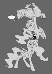 Size: 992x1403 | Tagged: safe, artist:silfoe, imported from derpibooru, bulk biceps, princess celestia, princess luna, alicorn, pegasus, pony, royal sketchbook, dialogue, do you even lift, female, gray background, grayscale, grin, looking at you, male, mare, meme, monochrome, simple background, smirk, stallion, strength, trio