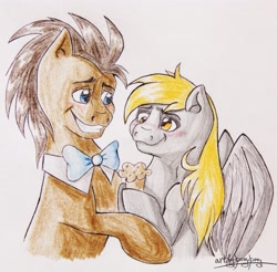 Size: 3361x3313 | Tagged: safe, artist:artbyponypony, imported from derpibooru, derpy hooves, doctor whooves, time turner, pegasus, pony, blushing, doctorderpy, female, food, male, mare, muffin, shipping, simple background, straight, traditional art