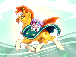 Size: 2544x1890 | Tagged: safe, artist:goodmode, imported from derpibooru, princess flurry heart, sunburst, alicorn, pony, unicorn, the crystalling, abstract background, cute, duo, female, filly, grin, male, ponies riding ponies, stallion, uncle sunburst