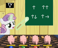 Size: 690x571 | Tagged: safe, edit, edited edit, edited screencap, imported from derpibooru, screencap, sweetie belle, clefairy, on your marks, chalkboard, loss (meme), pokémon, pokémon stadium, tv-y