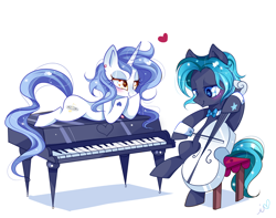 Size: 1500x1182 | Tagged: safe, artist:ipun, imported from derpibooru, oc, oc only, oc:cello sonata, oc:fair key, cello, heart eyes, musical instrument, piano, simple background, white background, wingding eyes