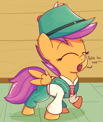 Size: 1769x2105 | Tagged: safe, artist:mr-degration, imported from derpibooru, scootaloo, pegasus, pony, on your marks, clothes, cute, cutealoo, eyes closed, female, filly, hat, lederhosen, scene interpretation, solo, that was fast, tyrolean, yodeling, yodeloo