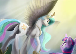 Size: 4800x3393 | Tagged: safe, artist:silfoe, imported from derpibooru, princess celestia, twilight sparkle, alicorn, pony, unicorn, crepuscular rays, female, filly, filly twilight sparkle, majestic, mare, praise the sun, spread wings, sunbutt, younger