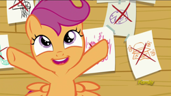 Size: 1920x1080 | Tagged: safe, imported from derpibooru, screencap, scootaloo, pony, on your marks, bipedal, discovery family logo, female, looking up, open mouth, raised hoof, smiling, solo, spread arms, spread wings