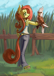 Size: 792x1100 | Tagged: safe, artist:lexx2dot0, imported from derpibooru, fluttershy, anthro, bird, falcon, unguligrade anthro, ass, butt, clothes, female, midriff, pants, shirt, solo, tanktop, unshorn fetlocks