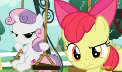 Size: 873x514 | Tagged: safe, imported from derpibooru, screencap, apple bloom, sweetie belle, on your marks, discovery family logo, displeased, swing