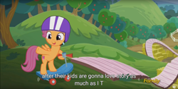 Size: 1920x960 | Tagged: safe, imported from derpibooru, screencap, scootaloo, on your marks, discovery family logo, meme, scooter, youtube caption