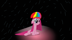 Size: 1280x720 | Tagged: safe, imported from derpibooru, pinkie pie, party of one, hat, nature cat, pinkamena diane pie, rain, sad, tally ho! a rainbow!, umbrella hat