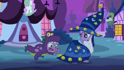 Size: 1366x768 | Tagged: safe, imported from derpibooru, screencap, spike, twilight sparkle, luna eclipsed, dragon costume, looking back, night, nightmare night, open mouth, ponyville, star swirl the bearded costume, tripping