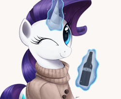 Size: 3045x2500 | Tagged: safe, artist:ncmares, imported from derpibooru, rarity, alcohol, beer, bottle, clothes, female, food, levitation, magic, smiling, solo, sweater, telekinesis, wink