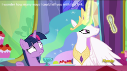 Size: 1280x720 | Tagged: safe, edit, edited screencap, imported from derpibooru, screencap, princess celestia, twilight sparkle, alicorn, pony, no second prances, bored, caption, discovery family logo, female, fork, forklestia, inner thoughts, mare, scene interpretation, twilight sparkle (alicorn)