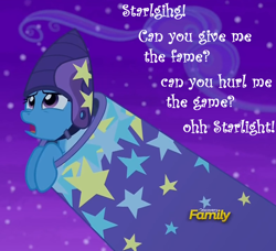 Size: 784x715 | Tagged: safe, edit, edited screencap, imported from derpibooru, screencap, trixie, pony, unicorn, no second prances, discovery family logo, female, helmet, image macro, implied starlight glimmer, lyrics, manticore mouth dive, mare, meme, moonshot manticore mouth dive, solo, song reference, text, the supermen lovers, trixie's cannon