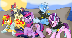 Size: 3213x1701 | Tagged: safe, artist:blackbewhite2k7, imported from derpibooru, moondancer, starlight glimmer, sunset shimmer, trixie, twilight sparkle, pony, equestria girls, alternate timeline, alternate universe, amulet, armor, cloak, clothes, commission, counterparts, fanfic art, fanfic cover, fantasy, group shot, magical quintet, mountain, ocean, s5 starlight, staff, staff of sameness, sunset, twilight's counterparts
