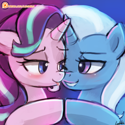 Size: 750x750 | Tagged: safe, artist:lumineko, imported from derpibooru, starlight glimmer, trixie, pony, unicorn, no second prances, eye contact, female, lesbian, mare, patreon, patreon logo, shipping, startrix