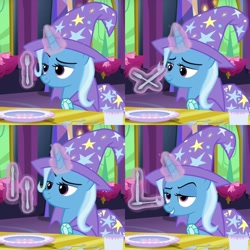 Size: 700x700 | Tagged: safe, edit, edited screencap, imported from derpibooru, screencap, trixie, pony, unicorn, no second prances, bedroom eyes, ctrl+alt+del, everything is ruined, female, fork, grin, knife, loss (meme), loss edit, mare, meme, pure unfiltered evil, raised eyebrow, silverware, smiling, solo, xk-class end-of-the-world scenario