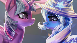 Size: 1300x731 | Tagged: dead source, safe, artist:lumelya, imported from derpibooru, trixie, twilight sparkle, alicorn, pony, no second prances, duo, female, frown, looking at each other, looking at someone, mare, smirk, twilight sparkle (alicorn)