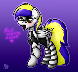 Size: 1560x1440 | Tagged: safe, artist:internetianer, imported from derpibooru, oc, oc only, oc:juby skylines, pony, clothes, dialogue, maid, socks, solo, striped socks