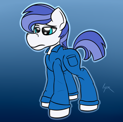 Size: 1860x1840 | Tagged: safe, artist:internetianer, imported from derpibooru, oc, oc only, oc:prismatic zero, pony, clothes, grumpy, jumpsuit, solo