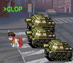 Size: 255x219 | Tagged: safe, imported from derpibooru, >clop, banner, pixel art, tank (vehicle)