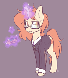 Size: 2800x3200 | Tagged: safe, artist:hawthornss, imported from derpibooru, oc, oc only, oc:crispy cream, pony, unicorn, fallout equestria, clothes, cutie mark, drugs, ear fluff, fanfic, fanfic art, female, glasses, glowing horn, hooves, horn, levitation, magic, mare, mint-als, simple background, solo, suit, telekinesis