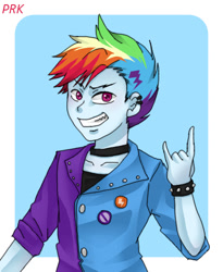 Size: 450x550 | Tagged: safe, artist:prk, imported from derpibooru, rainbow dash, equestria girls, friendship through the ages, rainbow rocks, bishonen, blitzabetes, clothes, cute, devil horn (gesture), equestria guys, glam, glam metal, humanized, looking at you, male, metal horns, pixiv, punk, rainbow blitz, rule 63, rule63betes, signature, smiling, smiling at you, solo, teenager