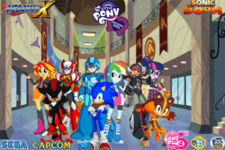 Size: 900x600 | Tagged: safe, artist:trungtranhaitrung, imported from derpibooru, rainbow dash, sci-twi, sunset shimmer, twilight sparkle, equestria girls, anniversary, axl, canterlot high, capcom, crossover, gif, hasbro, logo, mega man (series), megaman, megaman x, non-animated gif, sega, shadow the hedgehog, sonic boom, sonic the hedgehog, sonic the hedgehog (series), sticks the badger, zero