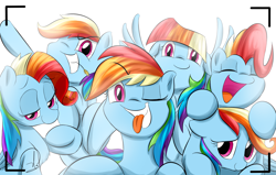 Size: 1700x1080 | Tagged: safe, artist:phuocthiencreation, imported from derpibooru, rainbow dash, pegasus, pony, newbie dash, season 6, behaving like pinkie pie, care mare, chest fluff, cute, dashabetes, dashstorm, dynamic dash, eyes closed, female, floppy ears, forthright filly, grin, haystick, impersonating, looking at you, manebow sparkle, mare, multeity, one eye closed, open mouth, rainbow fash, raised hoof, reading rainboom, signature, simple background, smiling, solo, spread wings, tongue out, viewfinder, white background, wings, wink