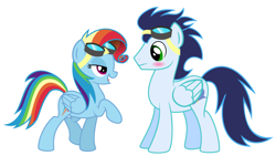 Size: 1024x579 | Tagged: safe, artist:sunsetsparkle129, imported from derpibooru, rainbow dash, soarin', pegasus, pony, newbie dash, alternate hairstyle, blushing, duo, female, goggles, male, rainbow fash, raised hoof, shipping, simple background, soarindash, straight, white background