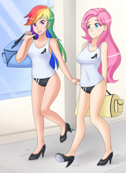 Size: 1280x1751 | Tagged: safe, artist:jonfawkes, imported from derpibooru, fluttershy, rainbow dash, human, bag, breasts, clothes, commission, duo, female, high heels, humanized, open mouth, patreon, sports panties, tanktop, tap dancing, walking