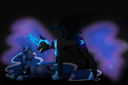 Size: 1280x853 | Tagged: safe, artist:maria-fly, imported from derpibooru, nightmare moon, princess luna, crying, ethereal mane, glowing horn, grin, inner demons, inner struggle, looming over, prone, spread wings