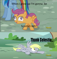 Size: 934x960 | Tagged: safe, edit, edited screencap, imported from derpibooru, screencap, derpy hooves, scootaloo, pegasus, pony, newbie dash, no second prances, derp, discovery family logo, exploitable meme, female, i didn't listen, image macro, mare, meme