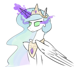 Size: 530x483 | Tagged: safe, artist:whatsapokemon, imported from derpibooru, princess celestia, bust, dark magic, female, frown, glowing eyes, headcanon, jewelry, magic, peytral, portrait, simple background, sitting, solo, sombra eyes, tiara, white background