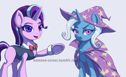 Size: 1078x659 | Tagged: dead source, safe, artist:grissaecrim, artist:raikoh, imported from derpibooru, starlight glimmer, trixie, pony, unicorn, no second prances, female, leotard, lesbian, magician outfit, mare, shipping, startrix